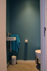 La salle de bains bleue est pourvue de toilettes et d'un lavabo. dans l'établissement Bleus Nuit, à Lierneux