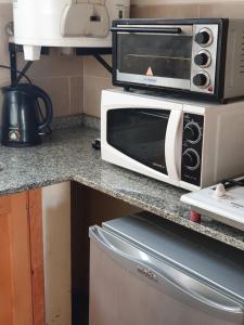 a microwave sitting on top of a kitchen counter at Mono Belgrano1 in San Carlos de Bariloche