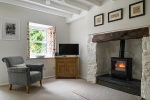 a living room with a fireplace and a chair and a television at Swan Cottage in Llangelynin