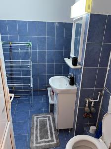 a blue tiled bathroom with a toilet and a sink at Apartament Maria in Călimăneşti