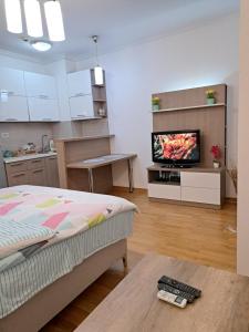 a living room with a bed and a tv in a kitchen at Apartment Bono 2 City Kvart in Podgorica