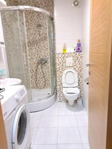 a bathroom with a shower and a toilet and a sink at Apartment Bono 2 City Kvart in Podgorica