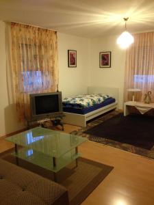 a living room with a bed and a glass table at City Apartment in Nürnberg Am Plärrer in Nürnberg