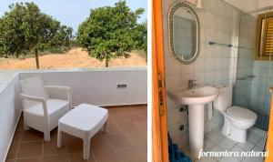 two pictures of a bathroom with a sink and a toilet at Casa Reme Sant Francesc - Formentera Natural in Sant Francesc Xavier +18 photos