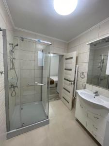 a bathroom with a glass shower and a sink at Pensiunea Giulia in Afumaţi