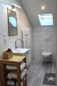 a bathroom with a sink and a toilet and a mirror at Ferienwohnung Stefanko in Bernau