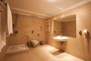 La salle de bains est pourvue de toilettes et d'un lavabo. dans l'établissement Petrodava ONE, à Piatra Neamţ