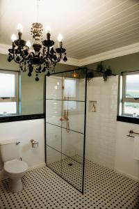 uma casa de banho com um chuveiro, um WC e um lustre em Stay@Koeniesrivier em McGregor