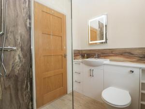 a bathroom with a toilet and a sink and a shower at Palace Bungalow in Hereford +28 photos