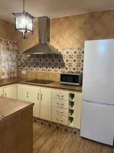 eine Küche mit einem weißen Kühlschrank und einer Mikrowelle in der Unterkunft El Torreón 3 in Lora del Río
