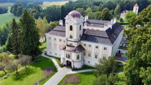 widok z powietrza na rezydencję z wieżą zegarową w obiekcie Schlosshotel Rosenau Superior w mieście Schloss Rosenau