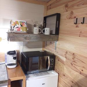 a microwave sitting on a counter in a kitchen at Tiny & spa La Libellule en Périgord in La Force