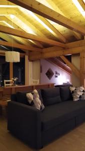 um sofá numa sala de estar com tecto em madeira em Apartment Hohenwerfen em Werfen