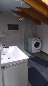 a kitchen with a sink and a washing machine at Apartment Hohenwerfen in Werfen