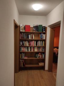 een kamer met een boekenplank gevuld met boeken bij Sonja´s Ferienwohnung in Patergassen