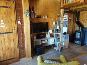 un salon avec une télévision et une cheminée dans l'établissement Confortable Chalet pie des pistes Pyrénées 2000, à Bolquère-Pyrénées 2000