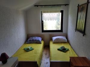 two beds in a small room with a window at Wellness House Slatina Spa in Slatina Varoš