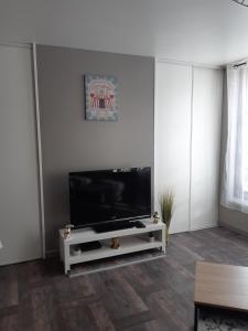 sala de estar con TV de pantalla plana en una pared blanca en Joli appartement T2 Agglo Troyes, en Sainte-Savine