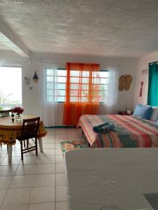 a bedroom with a bed and a table and windows at Orrie's Beach Bar and Hotel in Crab Hill