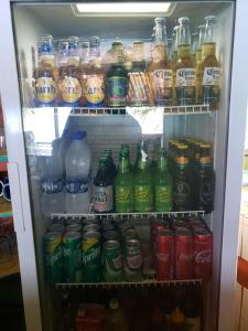 a refrigerator filled with lots of bottles of drinks at Orrie's Beach Bar and Hotel in Crab Hill