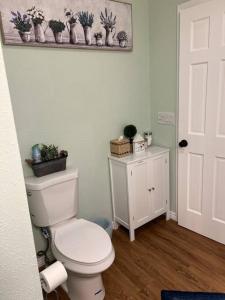 ein Badezimmer mit einem WC mit Pflanzen an der Wand in der Unterkunft 2min from rt66 hot tub bocceball court firepit in Williams