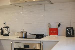 un comptoir de cuisine avec une cuisinière et une casserole dessus dans l'établissement Cozy and comfortable, sunny three-storey building, à Auckland