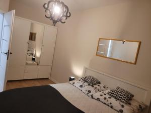 een slaapkamer met een bed met kussens en een spiegel bij APARTAMENT-SADOWA in Elblag
