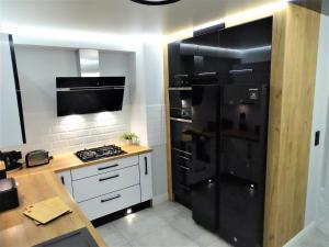 Il comprend une cuisine équipée d'un réfrigérateur noir et d'une cuisinière. dans l'établissement Góralska Osada Karpacz -Wood House 8 osobowy Dom Lux, à Karpacz