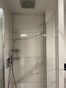 a bathroom with a shower with a glass door at City Apartment in Bad Säckingen