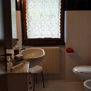 a bathroom with a sink and a toilet and a window at Beverly Casa Vacanze appartamento con giardino privato in Carisolo