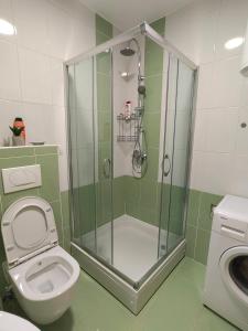 ein Bad mit einer Dusche, einem WC und einem Waschbecken in der Unterkunft LoRed apartment in Sarajevo