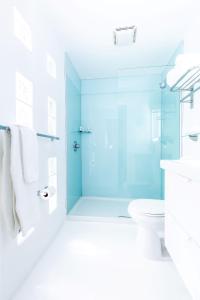 a bathroom with a glass shower and a toilet at Alcazar Palm Springs in Palm Springs