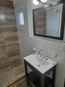 Un baño con lavabo y ducha con espejo. en VERA Apart, en El Chaltén