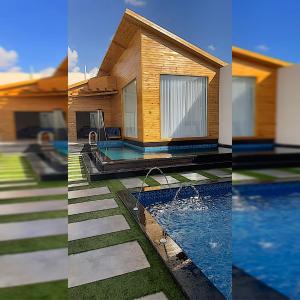 three pictures of a house and a swimming pool at اكواخ سنتارا الريفيه in Taif