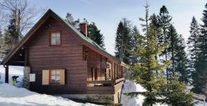 une cabane en rondins dans la neige avec des arbres dans l'établissement Chałupa 172, à Zwardoń