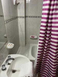 baño con lavabo y cortina de ducha en Cielo Sureño en Río Gallegos