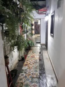 a hallway with plants and a tile floor at Hospedagem Casa de Pedro in Santos