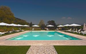a large swimming pool with chairs and umbrellas at Hotel Villa Cheli in Lucca