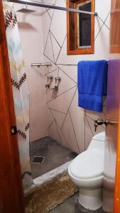 uma casa de banho com um WC e uma toalha azul em cabaña mariposa monarca em Mineral de Angangueo