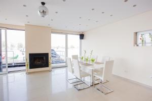 a dining room with a table and chairs and a fireplace at Villa Infinity Floating in Belgrade