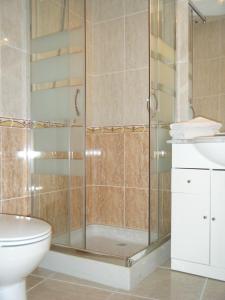 een badkamer met een douche, een toilet en een wastafel bij Apartament Enginy Llançà in Llança