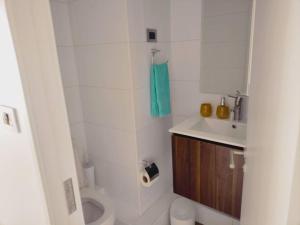 a white bathroom with a toilet and a sink at Departamento estudio3 IslaTeja in Valdivia +10 photos