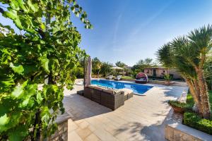 einen Hinterhof mit einem Pool mit Gartenmöbeln und Bäumen in der Unterkunft Villa Beauty Luxury Vodice in Vodice