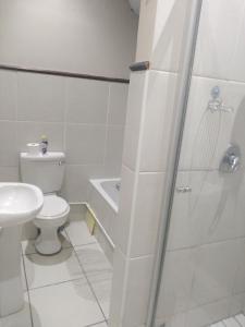 uma casa de banho com um WC, um lavatório e um chuveiro em Posh 2 em Durban