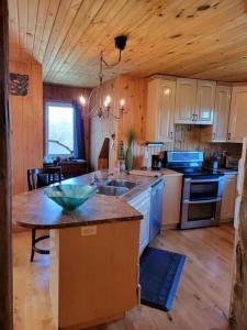 a kitchen with white cabinets and a wooden ceiling at Castle life in Town in Cumberland