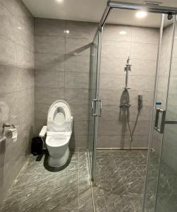 ein Bad mit einem WC und einer Dusche in der Unterkunft Long Fu Hotel in Beigan