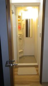 a small bathroom with a shower with a mirror at B&B Nagomi in Tokyo