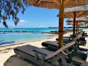 蒙舒瓦西的住宿－Wonders Beach Boutique Hotel，海滩上一排沙滩椅和遮阳伞