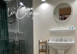 uma casa de banho com um chuveiro, um lavatório e um espelho. em Villa Brigitte em Le Touquet-Paris-Plage