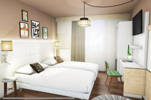 a bedroom with a white bed and a living room at greet hotel Lille Gare Flandres - Groupe Accor in Lille